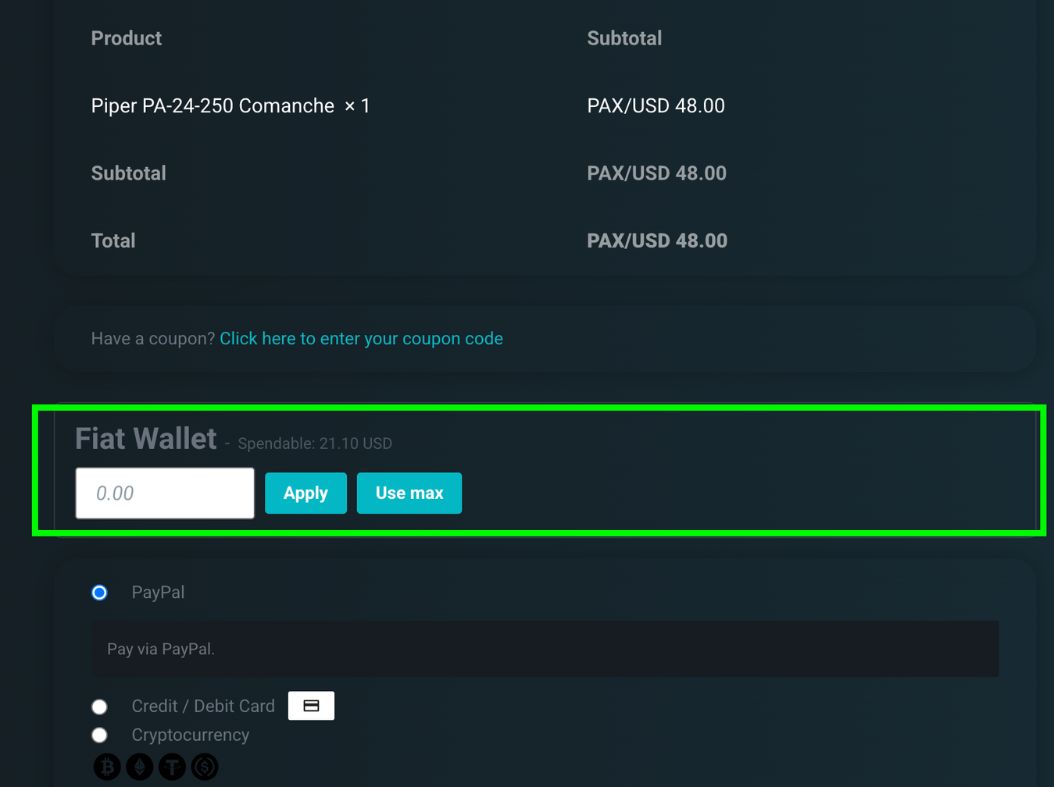 Checkout Fiat Wallet section