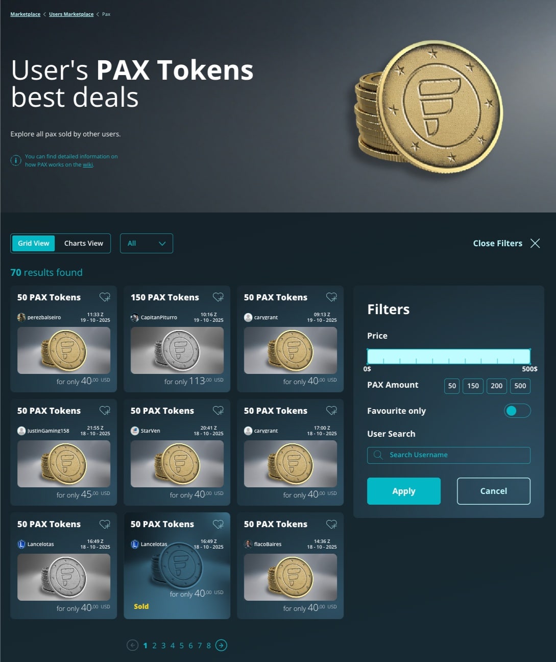 Pax tokens users markeplace