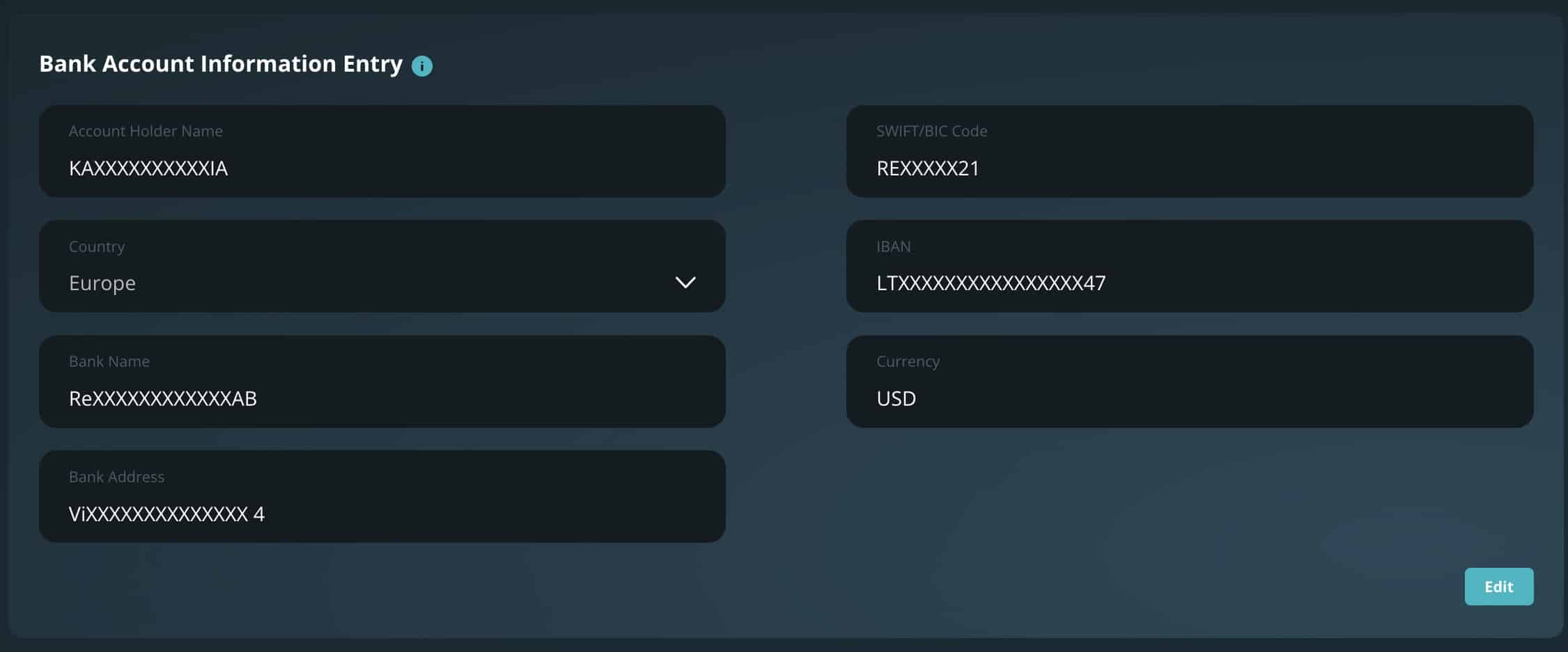 Bank Account Information Entry