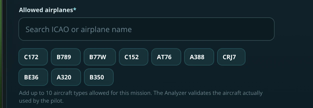 Allowed Airplanes selector showing multiple aircraft types in the Touch and Win Mission Builder