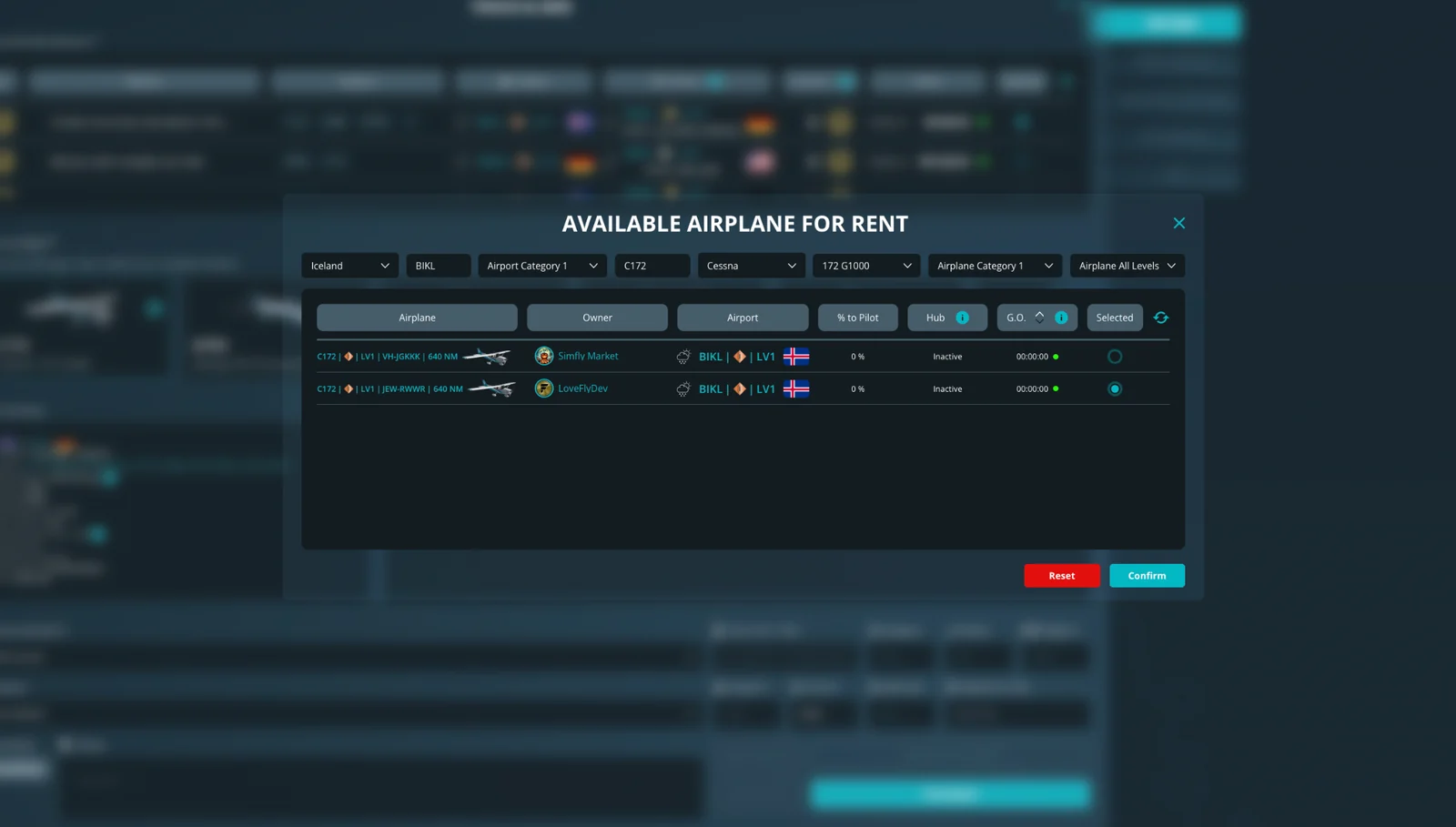 Touch and Win rental availability filtered by selected aircraft