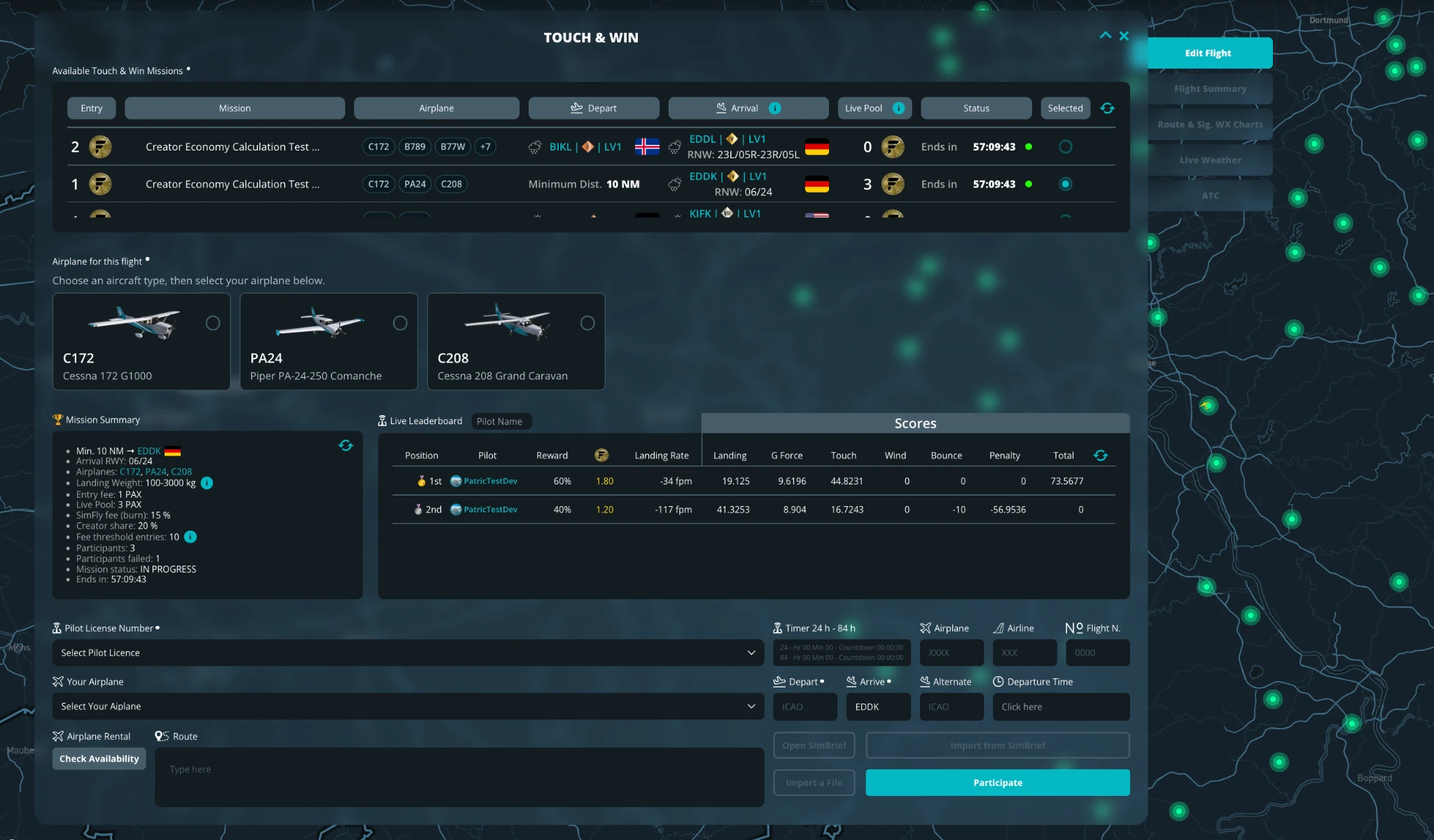 Touch and Win participation interface showing multi-aircraft selection